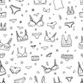 Lingerie seamless pattern. Vector underwear background design. Outline hand drawn illustration. Bras and panties doodle.