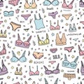 Lingerie seamless pattern. Vector underwear background design. Outline hand drawn illustration. Bras and panties doodle. Royalty Free Stock Photo