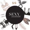 Lingerie sexy underwear hand-drawn illustration template: bra, bralete, undies set, heels, jewerly womens secrets boutique art,