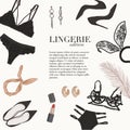 Lingerie underwear hand-drawn doodle template: bra, bralete, undies set, heels, cosmetcs womens boutique salon illustration,