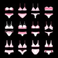 Lingerie vector icon set isolated on black.