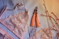 Lingerie. women`s lacy underwear with a bust on wooden white background soft focus