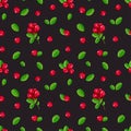 Lingonberry seamless pattern. Wild berries on a dark background. Northern blue berry and green leaves. Vector botanical
