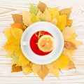 Lingonberry Tea on Yellow Autumn Tree Leaves, Cranberry Hot Drink Composition with Golden Foliage Royalty Free Stock Photo