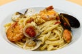 Linguine allo scoglio linguine with seafood. Spaghetti allo scoglio spaghetti with seafood.