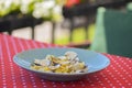 Linguine with clams. Traditional Italian pasta with clams and other sea food. Healthy meal. Eating out in restaurant Royalty Free Stock Photo