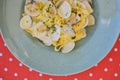 Linguine with clams. Traditional Italian pasta with clams and other sea food. Healthy meal. Eating out in restaurant Royalty Free Stock Photo