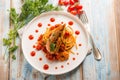 linguine with giant shrimp and cherry tomatoes