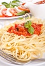 Linguine pasta with fresh tomato sauce and basil Royalty Free Stock Photo