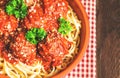Linguine pasta with meatballs in tomato sauce and parsley Royalty Free Stock Photo
