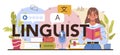 Linguist typographic header. Translator translating document, books Royalty Free Stock Photo