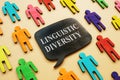 Linguistic Diverse phrase and colorful wooden figures. Royalty Free Stock Photo