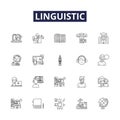 Linguistic line vector icons and signs. Grammar, Semantics, Syntax, Morphology, Phonetics, Phonology, Dialects