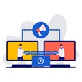 Link building, SEO, backlink strategy, inbound links, concept with characters. Two monitor are connected by a chain. Modern vector Royalty Free Stock Photo
