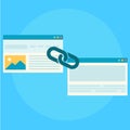 Link building for seo banner. Two pages are connected by a chain Royalty Free Stock Photo