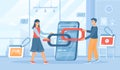 Link building between website pages. Search engine optimization concept, SEO. People holding chain on bowser window. Flat cartoon Royalty Free Stock Photo