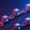 Linked cubes with lock symbols form a chain, representing blockchain technology. Royalty Free Stock Photo