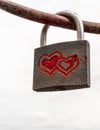 Linked Hearts Engraved Love Padlock on Iron Rod Royalty Free Stock Photo