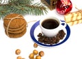 Linking of cookies, fir-tree branch, cup of coffee, coffee grain Royalty Free Stock Photo