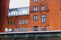 LinkÃÂ¶pings Universitet (LinkÃÂ¶ping University) logo on old brick building in Campus NorrkÃÂ¶ping