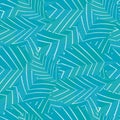 Lino print style aqua blue stylised vector leaves seamless pattern background. Texture backdrop with overlapping foliage