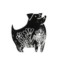 Linocut dog with flowers