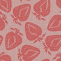 Linocut print strawberries linen vector seamless pattern background.Soft fruit motifs blended onto Hessian fiber texture Royalty Free Stock Photo