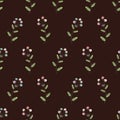 Linocut style pink, blue flowers and green leaves with offset color. Seamless vector pattern on maroon black background
