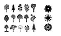 Linocut tree design elements in vector scandi style set. Black and white forest symbol group.