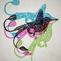 Linocut tropical Hummingbird birds on background