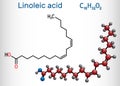 Linoleic acid, LA molecule. Omega-6, polyunsaturated fatty acid. Structural chemical formula and molecule model Royalty Free Stock Photo