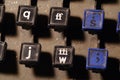 Linotype keyboard letters q, ff, s, j, w keys closeup Royalty Free Stock Photo