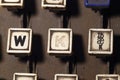 Linotype keyboard letters w, k keys closeup