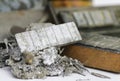 Linotype lead shavings closeup at printshop. Royalty Free Stock Photo