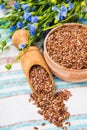 Linseed oil, flax seeds, and flowers on a light background. Royalty Free Stock Photo