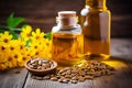 Linseed oil in a glass bottle with flax seeds on wooden background. Omega 3 rich Golden Flaxseed Oil in Glass Bottles with Seeds