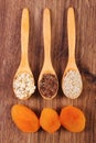 Linseed, rye flakes, oat bran and dried apricot, concept of healthy nutrition and increase metabolism