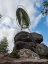 LInteresting lookout tower Spicka, a viewing platform in the design of a spaceship. View of the mountain peak Maly Spicak, at Royalty Free Stock Photo