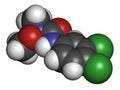 Linuron herbicide molecule. 3D rendering. Atoms are represented as spheres with conventional color coding: hydrogen white,.