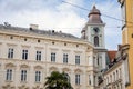 Linz, Austria, 27 August 2021: Baroque Old Cathedral or Alter Dom with two towers, Church of Ignatius, Hauptplatz or main square Royalty Free Stock Photo