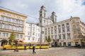 Linz, Austria, 27 August 2021: Baroque Old Cathedral or Alter Dom with two towers, Church of Ignatius, Hauptplatz or main square Royalty Free Stock Photo