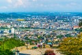 LINZ, AUSTRIA, JULY 30, 2016: People are enjoying an aerial view of the Austrian city Linz from the postlingberg hill