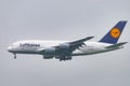irbus a-380-800, landing at the airport of hoersching on a rainy day
