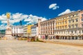 Linz, Austria: View of the main square of Linz with colorful buildings in the traditional architectural style