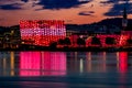 Sunset view of the illuminated Ars Electronica Center (AEC)