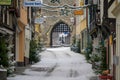 LINZ AM RHEIN, GERMANY - DEC 14, 2022: Looking down Neutor street in snow