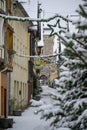 LINZ AM RHEIN, GERMANY - DEC 14, 2022: Neutor street and historic gate in snow