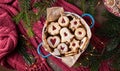 Linzer Christmas cookies filled with red marmalade, top view