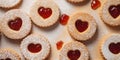 Linzer cookies, sugar powder, different colors, neutral background, tasty bisquits close-up. Royalty Free Stock Photo