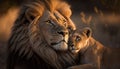 A lion affectionately tends to his charming cubs in a heartwarming scene, generative AI